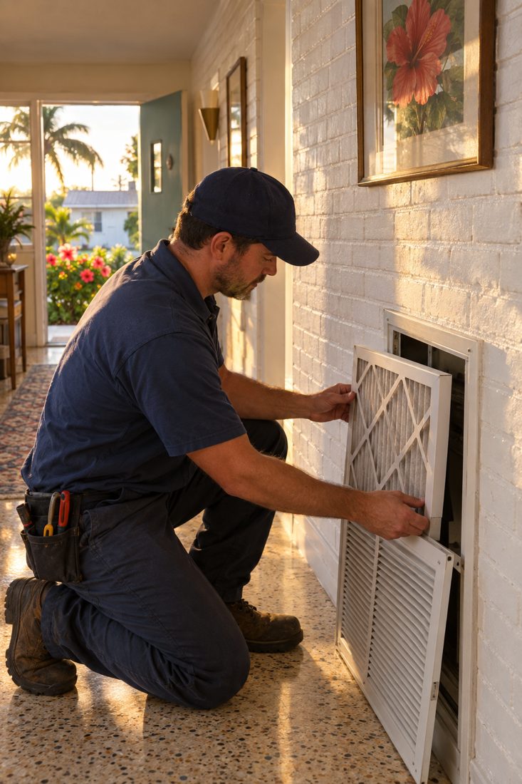 A technician replacing a pleated filter at a hallway return grille inside a 1950s duplex with a white brick wall and hibiscus in Lake Worth Beach, FL
